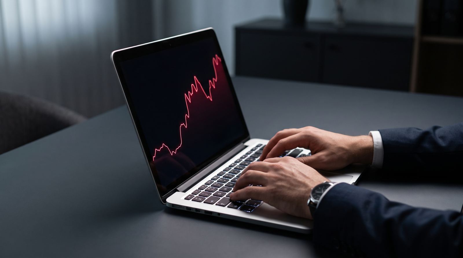 Manos escribiendo en una laptop con un gráfico de línea ascendente en rojo en la pantalla